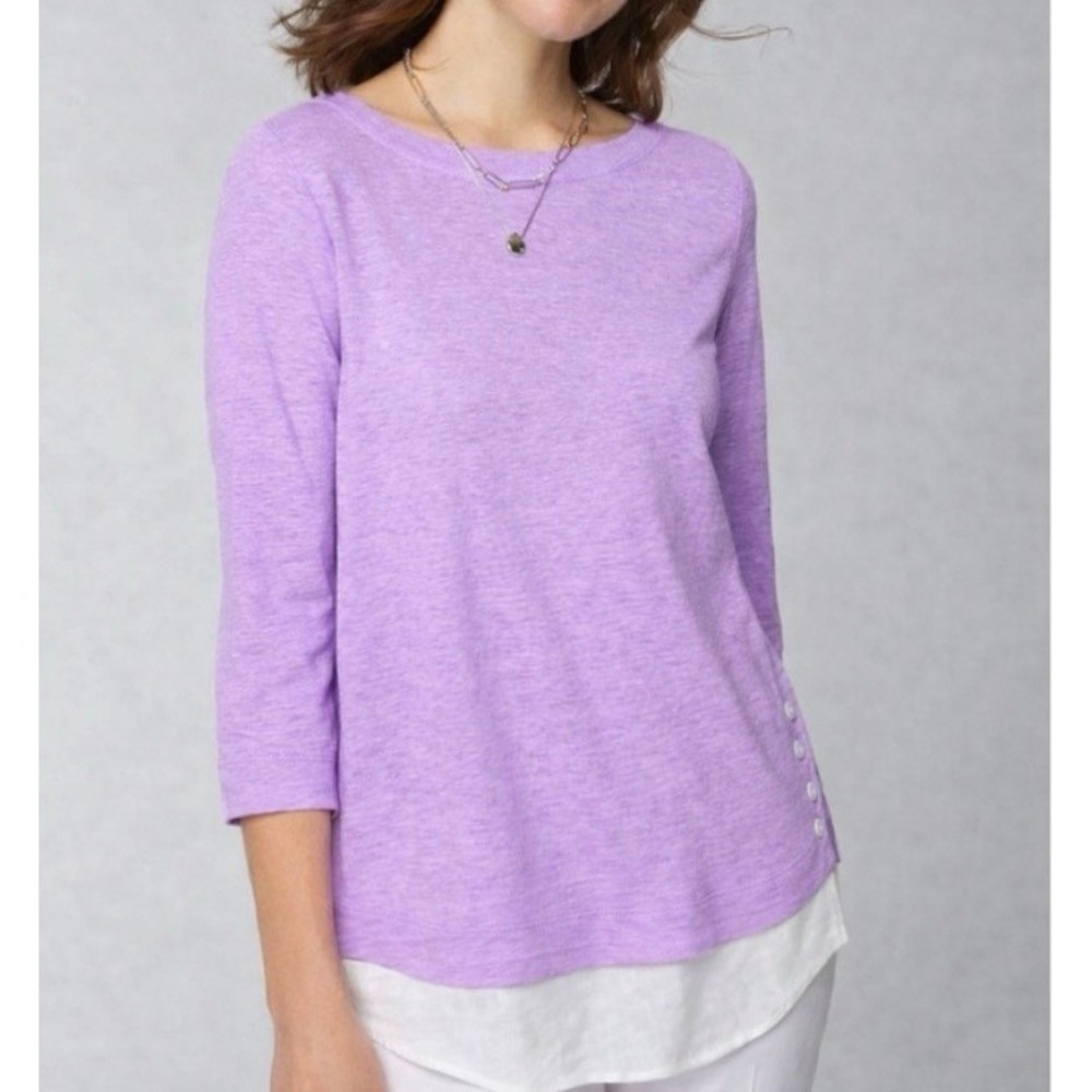 J. Jill Purple Layered‎ Hem 100% Linen 3/4 Sleeve Top Women XL Coastal Lagenlook